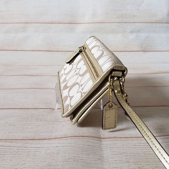 Coach Fabric Leather Logo Wristlet Wallet Metallic Gold Tan Fun Print - Picture 3 of 16